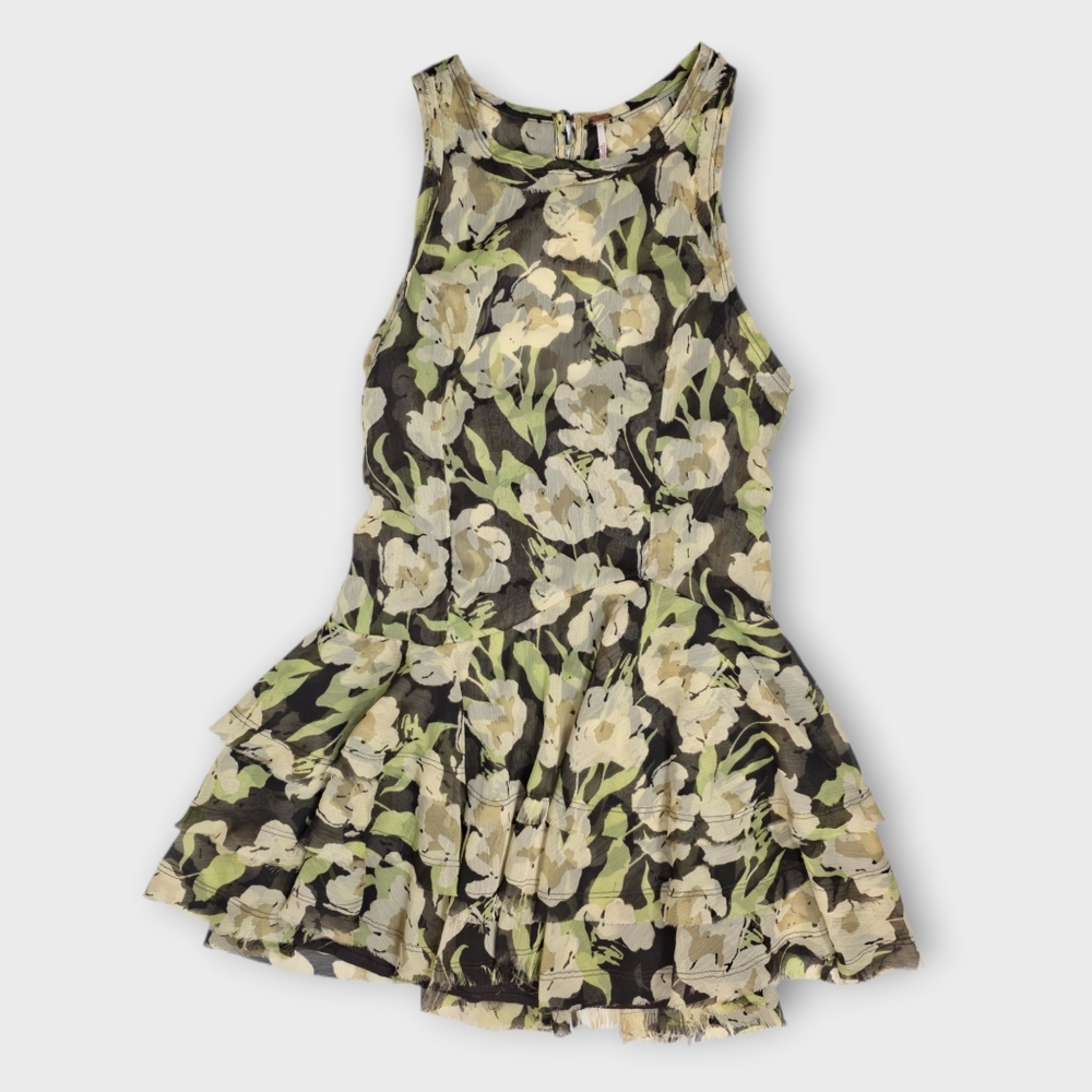 Free People Raven Printed Mini Dress Black Coffee Combo Green Floral S NWT $128 - Picture 3 of 15